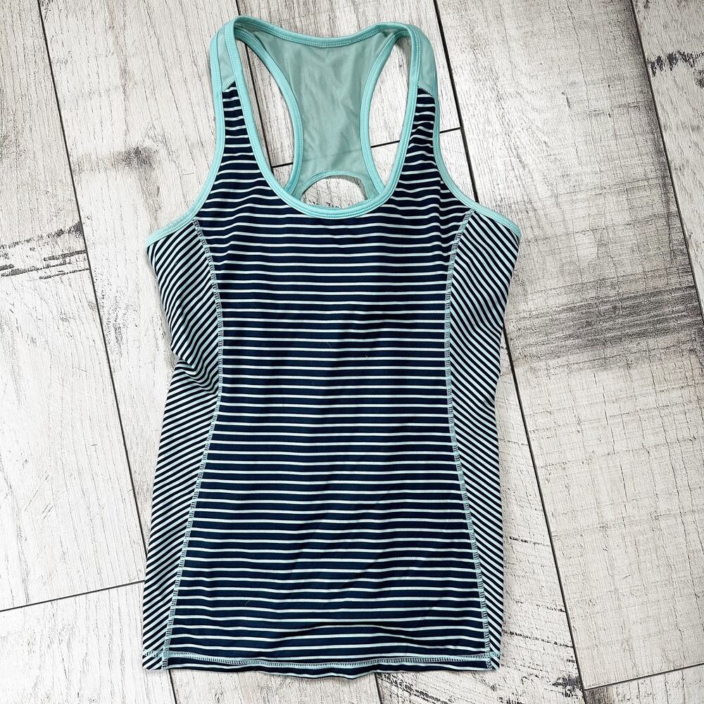 Kyodan Striped Racerback Athletic Tank Top Built-In Bra Navy Mint Med Athletic